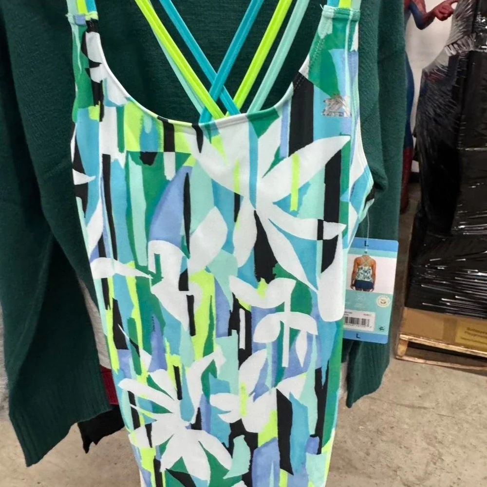 Women's Tropical Print One Piece Swimsuit Teal Blue Neon Straps Size L